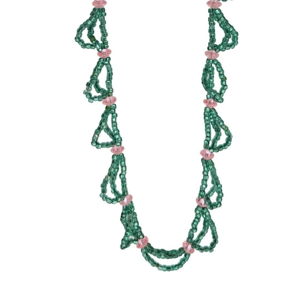 Vintage Boho Green Beaded Necklace Pink Accents Retro 70s Fashion Jewelry Women
